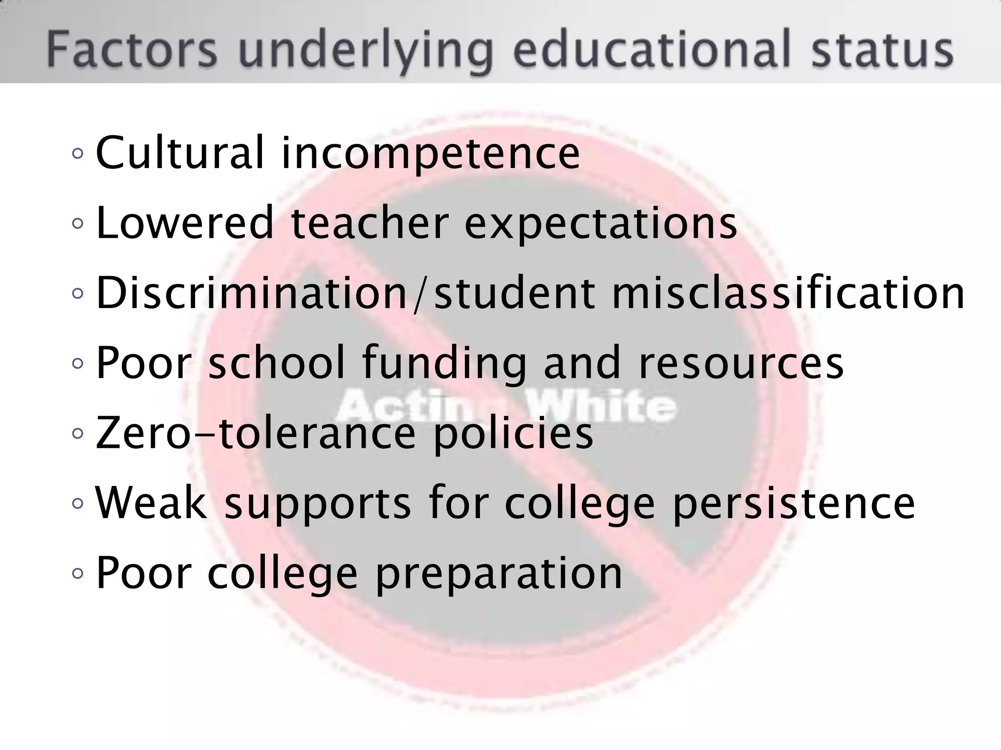 Factors underlying educational status Cultural incompetenceLowered teacher expectationsDiscrimination/student misclassificationPoor school funding and resourcesZero-tolerance policiesWeak supports for college persistencePoor college preparation