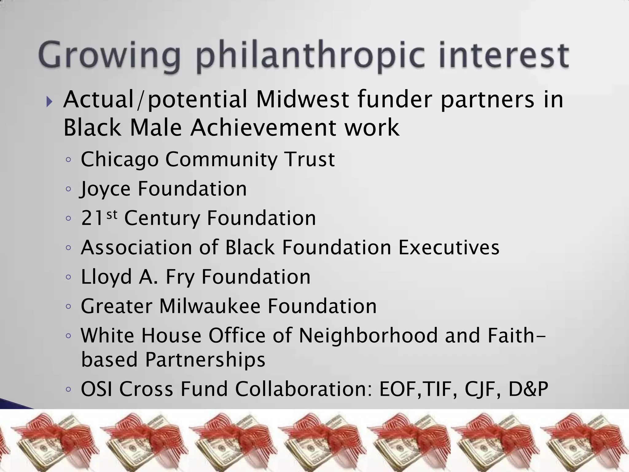 Actual/potential Midwest funder partners in Black Male Achievement workChicago Community TrustJoyce Foundation21st Century FoundationAssociation of Black Foundation ExecutivesLloyd A. Fry FoundationGreater Milwaukee FoundationWhite House Office of Neighborhood and Faith-based PartnershipsOSI Cross Fund Collaboration: EOF,TIF, CJF, D&PGrowing philanthropic interest