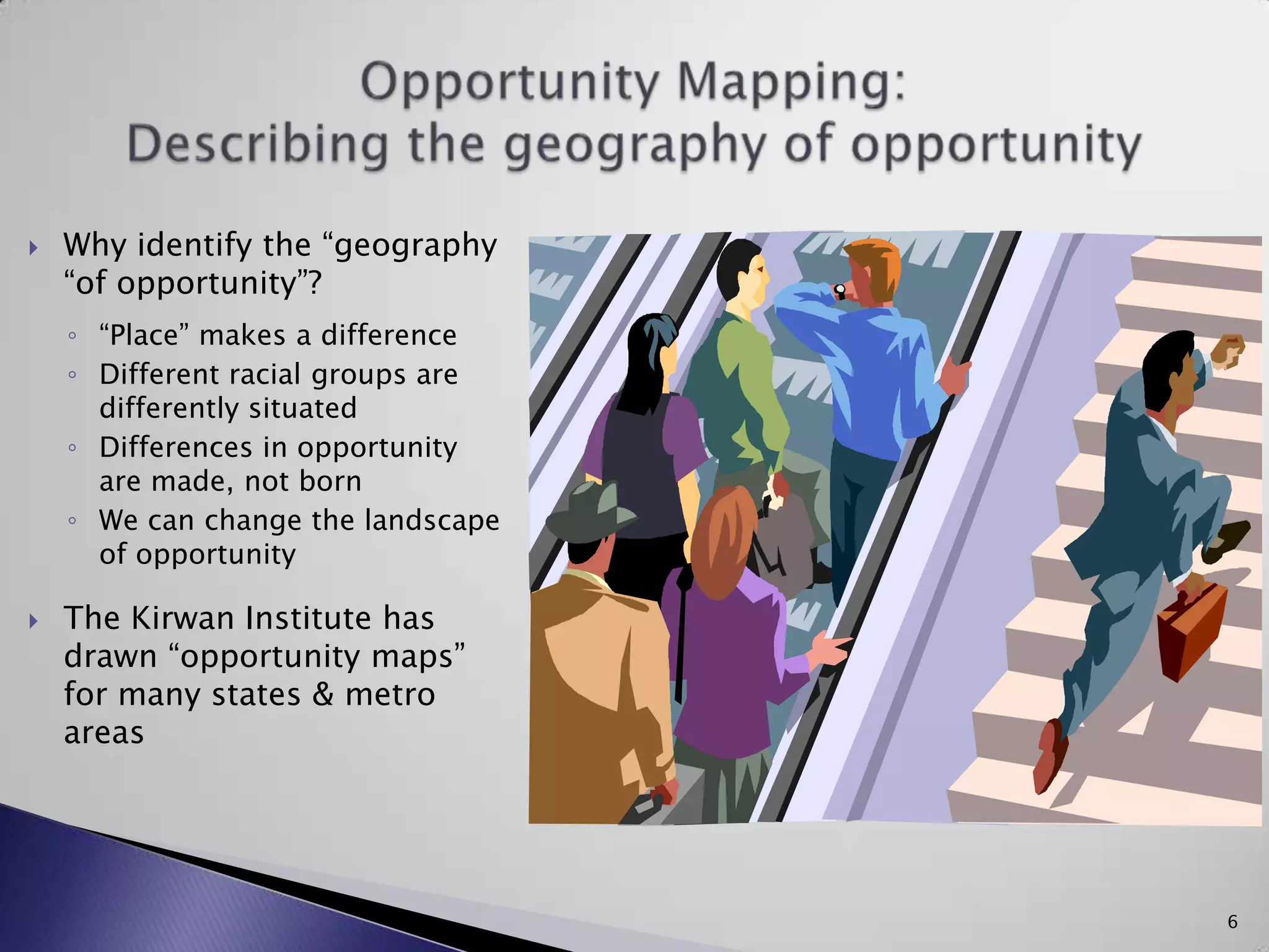 Opportunity Mapping: Describing the geography of opportunity 6Why identify the “geography “of opportunity”?“Place” makes a differenceDifferent racial groups are differently situatedDifferences in opportunity are made, not bornWe can change the landscape of opportunityThe Kirwan Institute has drawn “opportunity maps” for many states & metro areas