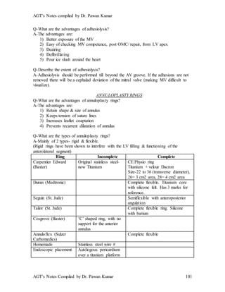 AGT’s Notes compiled by Dr. Pawan Kumar
AGT’s Notes Compiled by Dr. Pawan Kumar 101
Q-What are the advantages of adhesiolysis?
A-The advantages are:
1) Better exposure of the MV
2) Easy of checking MV competence, post OMC/ repair, from LV apex
3) Deairing
4) Defibrillating
5) Pour ice slush around the heart
Q-Describe the extent of adhesiolysis?
A-Adhesiolysis should be performed till beyond the AV groove. If the adhesions are not
removed there will be a cephalad deviation of the mitral valve (making MV difficult to
visualize).
ANNULOPLASTY RINGS
Q-What are the advantages of annuloplasty rings?
A-The advantages are:
1) Retain shape & size of annulus
2) Keeps tension of suture lines
3) Increases leaflet coaptation
4) Prevents recurrent dilatation of annulus
Q-What are the types of annuloplasty rings?
A-Mainly of 2 types- rigid & flexible.
(Rigid rings have been shown to interfere with the LV filling & functioning of the
anterolateral segment)
Ring Incomplete Complete
Carpentier Edward
(Baxter)
Original stainless steel-
now Titanium
CE Physio ring
Titanium + velour Dacron
Size-22 to 36 (transverse diameter),
26= 3 cm2 area, 28= 4 cm2 area
Duran (Medtronic) Complete flexible. Titanium core
with silicone felt. Has 3 marks for
reference.
Seguin (St. Jude) Semiflexible with anteroposterior
angulation
Tailor (St. Jude) Complete flexible ring. Silicone
with barium
Cosgrove (Baxter) ‘C’ shaped ring, with no
support for the anterior
annulus
Annuloflex (Sulzer
Carbomedics)
Complete flexible
Homemade Stainless steel wire #
Endoscopic placement Autologous pericardium
over a titanium platform
 