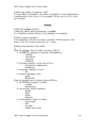 AGT’s Notes compiled by Dr. Pawan Kumar
AGT’s Notes Compiled by Dr. Pawan Kumar 219
Q-What is the problem of overdosage of NO?
A-No has affinity for hemoglobin. It combines to hemoglobin to form methhemoglobin.
A methhemoglobin level of up to 15% is acceptable. If it rises above 20- 25%, it may
lead to acidosis.
Warfarin
Q-What does warfarin stand for?
A-Wisconsin Alumini Research Foundation coumaRIN
It is a 4-hydroxy coumarin derivative & was introduced as a rodenticide.
Q-Discuss warfarin metabolism.
A-It is metabolized in the liver (by enzyme cytochrome P 450) & excreted in bile
It has a ½ life of 25- 60 hours (action lasts for 2 –5 days)
Q-Discuss drug interactions with warfarin.
A-
Drugs that potentiate action of warfarin (increasing INR) are:
1) By inhibiting metabolism (Cytochrome P 450 inhibitors)
- cimetidine
- metronidazole
- omeprazole
- amiodarone
2) Preventing formation of active form of Vit K
- 3rd generation cephalosporins
- ciprofloxacin
3) Decreasing availability of Vit K
- diet
4) By direct anticoagulat action
- aspirin
- dipyridamole
Drugs that decrease action of warfarin (decrease INR) are:
1) By decreasing absorption of warfarin
- sucralfate
- cholestyramine
2) By increasing warfarin metabolism
- gardinal
- eptoin
- alcohol
- rifampicin
3) By decreasing GI uptake of warfarin
- dairy products
- fruits
- tea/ coffee
- raddish/ onion/ potato
 
