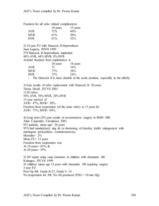 AGT’s Notes compiled by Dr. Pawan Kumar
AGT’s Notes Compiled by Dr. Pawan Kumar 248
Freedom for all valve related complications
10 years 15 years
AVR 72% 60%
MVR 61% 50%
DVR 61% 52%
2) 18 year FU with Hancock II bioprosthesis
Juan Legarra, JHVD 1999
279 Hancock II bioprosthesis implanted
48% AVR, 44% MVR, 8% DVR
Acturial freedom from explantation is:
10 years 18 years
AVR 73 16%
MVR 77% 38%
DVR 72% 24%
- The Hancock II is more durable in the aortic position, especially in the elderly.
3) Late results of valve replacement with Hancock II- 20 years
Tirone David, JTCVS 2001
1128 valves
50% AVR, 30% MVR, 20% DVR
15 year survival of
AVR= 47%, MVR= 30%.
Freedom from reoperation (of the same valve) at 15 years for
AVR= 77%, MVR= 69%.
4) Long term (29) year results of reconstructive surgery in RHD- MR
Alain Carpentier, Circulation 2001
951 patients, mean age= 26 years
95% had annuloplasty ring &/ or shortening of chordae, leaflet enlargement with
autologous pericardium, commissurotomy.
Mortality= 2%
Mean FU= 12 years
Freedom from reoperation was
At 10 years= 82%, &
At 20 years= 55%
5) AV repair using cusp extension in children with rheumatic AR
Kalangos, JTCVS 1999
41 children mean age 12 years with rheumatic AR requiring surgery
3 year FU
Post Op AR: Grade 0=27, Grade I= 14
No reoperation for AR. No AS produced (PSG < 10 mm Hg)
 
