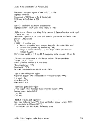 AGT’s Notes compiled by Dr. Pawan Kumar
AGT’s Notes Compiled by Dr. Pawan Kumar 260
Unruptured aneurysm: highest of RCC NCC  LCC
Ruptured aneurysm:
Commonest of RCC (max in RV & then in RA)
NCC (max in RA & then in RV)
LCC
Survival- unruptured: not known natural history
Ruptured: survival of 3.9 years, hence surgery is a must
11) Prevention of spinal cord injury during thoracic & thoracoabdominal aortic repair.
T. Wada, ATS 2001
Measure CSF pressure, SEP, Spinal cord perfusion pressure (SCPP= Mean aortic
pressure- CSF pressure)
82 pts
if SCPP < 40 mm Hg, then
- increase mean distal aortic pressure (increasing flow to the distal aorta)
- decrease CSF pressure (by withdrawing CSF)
- change in operative technique- so as to begin perfusion to intercostals
- reattach ICA graft
CSF pressure should be < 10 mm Hg & mean distal aortic pressure > 60 mm Hg
12) Aortic root replacement in 271 Marfans patients- 24 year experience
Vincent Gott, ATS 2002
Result: Actuarial freedom at 20 years from
Thromboembolism= 93%
Endocarditis= 90%
Incidence of reoperation on residual aorta = 74%
13) PTFE for infrainguinal bypass
Capetown, Surgery 1999 (from year book of vascular surgery 2000)
5 yr patency for
above knee= 68%
below knee= 76%
14) Dorsalis pedis artery bypass
J Vasc Surgery 1999 (from year book of vascular surgery 2000)
Primary patency (using RSVG)
1 yr= 80%
5 yr= 60%
15) Myth of insitu graft superiority
Eur J Vasc Endovasc Surg, 1999 (from year book of vascular surgery 2000)
500 pts of insitu & 955 pts of RSVG
2 year patency rates were similar for both the group
 