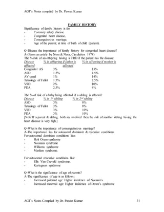 AGT’s Notes compiled by Dr. Pawan Kumar
AGT’s Notes Compiled by Dr. Pawan Kumar 31
FAMILY HISTORY
Significance of family history is for
- Coronary artery disease
- Congenital heart disease,
- Consanguineous marriage,
- Age of the parent; at time of birth of child (patient).
Q-Discuss the importance of family history for congenital heart disease?
A-(From an article by Nora & Nora, Circulation 1978)
The % risk of an offspring having a CHD if the parent has the disease:
Disease % in offspring if father is % in offspring if mother is
affected affected
Congenital AS 3% 13%
ASD 1.5% 4.5%
AV canal 1% 14%
Tetrology of Fallot 1.5% 2.5%
VSD 2% 10%
PDA 2.5% 4%
The % of risk of a baby being affected if a sibling is affected:
Disease % in 1st sibling % in 2nd sibling
ASD 3% 8%
Tetrology of Fallot 3% 8%
VSD 3% 10%
PDA 3% 10%
[Note:If a parent & sibling, both are involved then the risk of another sibling having the
heart disease is very high.]
Q-What is the importance of consanguineous marriage?
A-The importance lies for autosomal dominant & recessive conditions.
For autosomal dominant conditions like:
- Holt Oram syndrome
- Noonans syndrome
- Williams syndrome
- Marfans syndrome.
For autosomal recessive conditions like:
- Ellis Van Creveld syndrome,
- Kartegners syndrome
Q-What is the significance of age of parents?
A-The significance of age is as follows:
- Increased paternal age: Higher incidence of Noonan’s
- Increased maternal age: Higher incidence of Down’s syndrome
 
