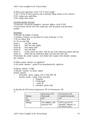 AGT’s Notes compiled by Dr. Pawan Kumar
AGT’s Notes Compiled by Dr. Pawan Kumar 54
Q-What causes appearance of the 3rd & 4th heart sounds?
A-The 3rd & the 4th heart sound are due to abnormal filling patterns in the ventricles.
LVS3- during early rapid filling
LVS4- during atrial systole
FOURTH HEART SOUND:
*It represents a decreased compliance/ increased stiffness of the LV/RV.
*It is best heard with the bell of the stethescope with the patient in the left lateral
position.
MURMUR
Q-Describe the grading of murmur.
A-Grading of murmur was described by Levine & freeman in 1933.
I- III: are without thrill
IV- VI: are with thrill
Grade I: very faint murmur
Grade II: faint but easily audible
Grade III: loud without thrill
Grade IV: loud with thrill
Grade V: Louder, heard else where, with the side of the stethoscope placed sideways
Grade VI: Heard with the stethoscope lifted away from the chest wall.
[Note:Earlier the systolic murmurs were divided into 6 grades & the diastolic murmurs
into 4 grades]
Q-Which systolic murmurs are significant?
A-All systolic murmurs ≥ grade III are hemodynamically significant.
Q-Discuss murmurs in child.
A-Diastolic murmurs are always organic.
Systolic murmurs:
- Pansystolic- always organic; due to VSD, MR, TR
- Ejection systolic- organic if has associated
a. Symptoms
b. Cardiomegaly
c. > grade III
d. associated ejection click
Q-Describe the D/D between hypertensive PR Vs Normotensive PR.
A-
Hypertensive PR Normotensive PR
Murmur Decresendo Cresendo decresendo
P2 loud soft
RVH + -
Etiology All conditions with
increased PAP
APVS, post IE PV,
idiopathic dilatation of
PA, RVOT patch
 