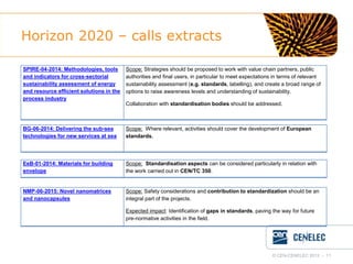 Horizon 2020 – calls extracts
SPIRE-04-2014: Methodologies, tools
and indicators for cross-sectorial
sustainability assessment of energy
and resource efficient solutions in the
process industry

Scope: Strategies should be proposed to work with value chain partners, public
authorities and final users, in particular to meet expectations in terms of relevant
sustainability assessment (e.g. standards, labelling), and create a broad range of
options to raise awareness levels and understanding of sustainability.
Collaboration with standardisation bodies should be addressed.

BG-06-2014: Delivering the sub-sea
technologies for new services at sea

Scope: Where relevant, activities should cover the development of European
standards.

EeB-01-2014: Materials for building
envelope

Scope: Standardisation aspects can be considered particularly in relation with
the work carried out in CEN/TC 350.

NMP-06-2015: Novel nanomatrices
and nanocapsules

Scope: Safety considerations and contribution to standardization should be an
integral part of the projects.
Expected impact: Identification of gaps in standards, paving the way for future
pre-normative activities in the field.

© CEN-CENELEC 2012 - 11

 