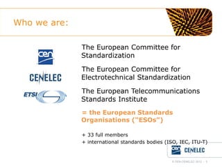 Who we are:
The European Committee for
Standardization
The European Committee for
Electrotechnical Standardization
The European Telecommunications
Standards Institute
= the European Standards
Organisations (“ESOs”)
+ 33 full members
+ international standards bodies (ISO, IEC, ITU-T)

© CEN-CENELEC 2012 - 3

 