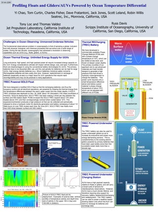 Profiling Floats and Gliders/AUVs Powered by Ocean Temperature Differential
Tony Loc and Thomas Valdez
Jet Propulsion Laboratory, California Institute of
Technology, Pasadena, California, USA
Russ Davis
Scripps Institute of Oceanography, University of
California, San Diego, California, USA
GENERATOR
HIGH
PRESSURE
BLADDER
LOW
PRESSURE
BLADDER
OIL
PCM
HYD TURBINE
VALVE
X
CALTECH
PATENT
GRANTED
Warm
Surface
water
Cold
Deep
water
Challenges in Ocean Observing: Unmanned Undersea Vehicles
The fundamental observational problem in oceanography is that of sampling a global, turbulent
fluid with physical, biological, and chemical processes that are active over a wide range of
scales. During the last decade, oceanography has witnessed a revolution in observing
capabilities such as UUVs (e.g., floats, gliders, or AUVs).
Ocean Thermal Energy: Unlimited Energy Supply for UUVs
Long endurance, high speed, and high payload power all require increased energy capacity on
the UUV. Energy considerations ultimate will impact vehicle design, size, and type. Furthermore,
there are disadvantages to using the conventional battery technologies for UUVs. The primary
batteries have to be discarded after use, and the cost penalty for batteries can be high for large
UUVs. High energy density batteries (e.g., lithium batteries) introduce safety concerns.
Rechargeable batteries are less costly over time. However, replenishment or recharge of
batteries (especially at-sea) is a major issue for UUV operations that require rapid
reconfigurability and may not be practical in many applications.
Phase Change Material (PCM)
WarmCold
Thermal RECharging
(TREC) Battery
We have developed a
commercially available Phase
Change Material (PCM) wax
with a phase change
temperature of 10oC, which can
be melted at sea level, and
frozen at deeper ocean depths.
The primary novelties of our
approach are to use advanced
materials and heat transfer
designs to generate a high
pressure fluid that drives a
hydraulic motor/generator to
charge the batteries. This
power cycle requires only a
small temperature difference
above and below a given
material s phase change
temperature of about 10oC,
which can be adjusted with
different mix of PCMs.
TREC Powered SOLO Float
We have designed a modified SOLO float so that the recharging batteries, and thus the
buoyancy control and all electrical operations, are powered by drawing the thermal energy from
the temperature differences between the warm upper ocean and the colder depths. A SOLO-
TREC prototype was deployed on Nov. 30, 2009, about 161 kilometers (100 miles) southwest of
Honolulu. Since its deployment, SOLO-TREC has been making 3 dives per day between the
surface and 500 meters depth. PCMs on-board the SOLO-TREC expand about 13% when
heated above 10oC and then correspondingly contract when cooled below 10oC. This
expansion/contraction produces a high pressure oil that can be collected and periodically
released to drive a hydraulic motor for electricity generation and battery recharging of about 1.6
Watt-hours (or over 7000 Joules) each dive. By June 2011, SOLO-TREC has made more
than1000 dives between surface and 500 meters.
Yi Chao, Tom Curtin, Charles Fisher, Dave Fratantoni, Jack Jones, Scott Leland, Robin Willis
Seatrec, Inc., Monrovia, California, USA
Picture of SOLO-TREC float and its
deployment. Examples of science data: vertical
profiles of temperature salinity and depth-time
plot of salinity in the upper 100 m (top) and
100-500 m (bottom).
TREC Powered Underwater
Glider
The TREC battery can also be used to
power underwater gliders so as to
increase its endurance and power more
energy-demanding sensors. This is
complementary to the existing electric
gliders powered by primary batteries that
have been used widely since their first
successful ocean tests more than a
decade ago.
TREC Powered Underwater
Charging Station
AUVs have a high payload capacity
relative to floats or gliders, and will carry
a broad suite of sensors for
interdisciplinary observations. However,
AUVs have a much shorter lifetime, and
therefore requiring ship support for
recovery, battery replacement/recharging
and redeployment. The TREC battery
can be used to power a seafloor-based
docking station onto which the AUV can
swim to recharge its batteries and
exchange data.
IS14A-2289
 