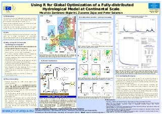 Using R for Global Optimization of a Fully-distributed
Using R for Global Optimization of a Fully-distributed
Hydrological Model at Continental Scale
Hydrological Model at Continental Scale
Mauricio Zambrano-Bigiarini, Zuzanna Zajac and Peter Salamon
Mauricio Zambrano-Bigiarini, Zuzanna Zajac and Peter Salamon

1) Motivation

Joint
Research
Centre
AGU 2013-1804792
Identifier: H51R-06
Dec 13th, 2013

6) Calibration results + post-processing

The spatially-distributed LISFLOOD hydrological model is
used for flood forecasting at Pan-European scale, within
the European Flood Awareness System (EFAS).
Several model parameters need to be estimated through
calibration for ca. 700 subcatchments.
Calibrating all the individual catchment for the whole
Europe is a very time consuming and prone-to-error task.

2) Aim
To describe and illustrate how the free software R has been
used as a single environment to pre-process
hydro-meteorological data, carry out global optimization,
and to post-process calibration results at European scale.

3) Why using R for massive
hydrological analysis?
●

●

●

●

●

●

●

●

●
●

Fig 03. Evolution of the global optimum (Nash-Sutcliffe efficiency) and the normalized
swarm radius (δnorm) along the number of iterations.

Base functions allow efficient data manipulation and
storage (spatial data and time series).
Support for almost every vectorial and raster spatial
format (rgdal, raster and sp packages).
R is both a scientific software and a programming
language (types, objects, functions, extensions).
Scripting capabilities allow explicit documentation and
reproducible research.
Fully-customizable and high-quality graphical functions
for exploratory data analysis and visualization.
Highly extensible (4000+ packages with state-of-the art
contributions in several fields of knowledge).
Easy integration with other languages (C/C++, Fortran,
Python, etc), e.g., for intensive computations.
Easy parallelization (multi-core machines or network
clusters).
Multi-platform (GNU/Linux, Mac/OS X, Windows)
Free and open-source.

Fig 01. Shaded boxes represent the seven major calibration areas used for splitting up the
pan-European spatial domain. Colored dots represent discharge stations coming from two
different data sources, which were analyzed to select ca. 700 stations for calibration.

5) Model Calibration

NSE
Fig 06. Figure automatically generated for assessing the quality of the calibration results of each single
catchment. The upper panel shows a comparison of the observed and simulated hydrographs during the
verification period; the lower left panel shows a comparison of the flow duration curves thereof, while the
lower right panel shows numerical statistics for comparing observations with their simulated counterparts.

7) Concluding Remarks
Fig 04. Nash-Sutcliffe efficiency (NSE) response surface projected onto the parameter
space (pseudo 3D-dotty plots) for selected parameters, to highlight equifinality issues.

4) Pre-processing
●

●

●

●

●

Historical daily data for
national providers).

4062 stream gages (from

●

hydroTSM, sp and raster packages were used to
select ~700 stations with enough temporal data and
good spatial distribution across Europe.
Nine parameters were selected for calibration based on
previous expert knowledge.
The pan-European spatial extent was split up into 7
main calibration areas, in order to speed up the model
computation time.
Customized R scripts were used to extract observed
time series for each catchment and to prepare the input
files required for individual calibrations (i.e.,
ParamRanges.txt, ParamFiles.txt, obs.tss,
and hydroPSO-subbXXX.R files along with a masking
area map defining the drainage area of individual
catchments).

www.jrc.europa.eu

●

●

●

●

Fig 02. Flow chart of the calibration of a single catchment. Files ParamRanges.txt  and
ParamFiles.txt  defines which parameters are to be calibrated and where they have to be
modified, respectively. Settings.xml defines location of model input files and the value of model
parameters. Light-blue shaded boxes indicate some user intervention, while light-yellow shaded
boxes represent static input files (not modified during optimization).
obs.tss : file with observed discharges.
●
dis.tss
: file with simulated discharges.
●
read_tss(): user-defined R function for
reading .tss files
●

●

Fig 05. Dotty plots showing the model performance (NSE) versus parameter values, for
three selected parameters. Vertical red line indicates the “optimum” parameter value.

●
●

●

2011 (hydroPSO package).

Mauricio Zambrano-Bigiarini*, Zuzanna Zajac and Peter Salamon
European Commission • Joint Research Centre • Institute for Environment and Sustainability
*Currently at: EULA-Chile Centre, University of Concepción (Chile) • Email: mauricio.zambrano@udec.cl

data analysis at continental scale.
The use of a single environment for pre-processing, calibrating and
post-processing of results made easier further changes to any step of the
workflow.
Results in hundreds of catchments with different hydro-climatological regimes
showed that hydroPSO is an effective and efficient R package for finding
near-optimal parameter sets at a low computation cost.
Notwithstanding this case study is related only to the calibration of a hydrological
model written in Ptyhon+PCRaster, we believe that a similar approach can be
applied to a wide class of environmental models requiring some form of
parameter optimization, from micro to global scale.

References:

NSE() : R function for computing the Nash-Sutcliffe

efficiency (hydroGOF package)
● SPSO-2011 : Standard Particle Swarm Optimization

The use of the 'parallel' option available in the hydroPSO, allowed a
substantial reduction of the total calibration time (ca. 50% with 6 cores).
R proved to be an efficient environment to facilitate modeling, visualization and

●

●

EFAS (2013), “European Flood Awareness System”, http://www.efas.eu/. [Online. Last accessed 05-Dec-2013]
van Der Knijff, J. M., J. Younis, and A. P. J. De Roo (2010), LISFLOOD: a GIS-based distributed model for river basin scale water
balance and flood simulation, International Journal of Geographical Information Science, 24(2), 189–212,
doi:10.1080/13658810802549154.
Zambrano-Bigiarini, M.; R. Rojas (2013), A model-independent Particle Swarm Optimisation software for model calibration, Environmental
Modelling & Software, 43, 5-25, doi:10.1016/j.envsoft.2013.01.004.
Zambrano-Bigiarini, M. (2013). hydroTSM: Time series management, analysis and interpolation for hydrological modelling. R package
version 0.4-1. http://CRAN.R-project.org/package=hydroTSM
Zambrano-Bigiarini, M. (2013). hydroGOF: Goodness-of-fit functions for comparison of simulated and observed hydrological time series. R
package version 0.3-7. http://CRAN.R-project.org/package=hydroGOF

 