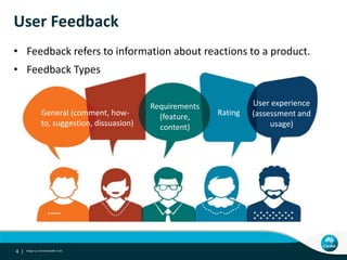 • Feedback refers to information about reactions to a product.
• Feedback Types
User Feedback
4 |
User experience
(assessment and
usage)
General (comment, how-
to, suggestion, dissuasion)
Rating
Requirements
(feature,
content)
Image by Commonwealth Fund
 