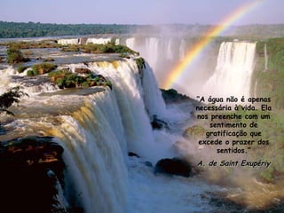 “ A água não é apenas necessária à vida. Ela nos preenche com um sentimento de gratificação que excede o prazer dos sentidos.” A. de Saint Exupériy 
