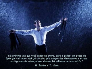 “ Na próxima vez que você andar na chuva, pare e pense: um pouco da água que cai sobre você já circulou pelo sangue dos dinossauros e estava nas lágrimas de crianças que viveram há milhares de anos atrás.” M. Barlow e T. Clark 