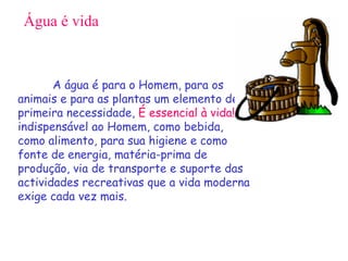 Água é vida A água é para o Homem, para os animais e para as plantas um elemento de primeira necessidade,  É essencial à vida!  É indispensável ao Homem, como bebida, como alimento, para sua higiene e como fonte de energia, matéria-prima de produção, via de transporte e suporte das actividades recreativas que a vida moderna exige cada vez mais. 