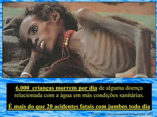 6.000 crianças morrem por dia de alguma doença
  relacionada com a água em más condições sanitárias.
É mais do que 20 acidentes fatais com jumbos todo dia
                                Fonte: ONU – Ano Internacional da Água Doce, 2003
 