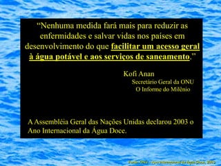 “Nenhuma medida fará mais para reduzir as
    enfermidades e salvar vidas nos países em
desenvolvimento do que facilitar um acesso geral
 à água potável e aos serviços de saneamento.”
                              Kofi Anan
                                 Secretário Geral da ONU
                                  O Informe do Milênio




A Assembléia Geral das Nações Unidas declarou 2003 o
Ano Internacional da Água Doce.



                               Fonte: ONU – Ano Internacional da Água Doce, 2003
 