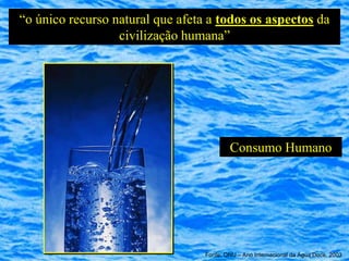 “o único recurso natural que afeta a todos os aspectos da
                  civilização humana”




                                          Consumo Humano




                                  Fonte: ONU – Ano Internacional da Água Doce, 2003
 