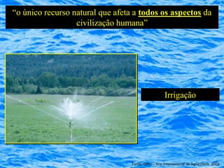 “o único recurso natural que afeta a todos os aspectos da
                  civilização humana”




                                                    Irrigação




                                  Fonte: ONU – Ano Internacional da Água Doce, 2003
 