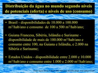 Distribuição da água no mundo segundo níveis
de potenciais (oferta) e níveis de uso (consumo)

• Brasil - disponibilidades de 10.000 a 100.000
  m3/hab/ano e consumo de 100 a 500 m3/hab/ano;

• Guiana Francesa, Sibéria, Islândia e Suriname -
  disponibilidade de mais de 100.000 m3/hab/ano e
  consumo entre 100, na Guiana e Islândia, e 2.000 na
  Sibéria e Suriname;

• Estados Unidos - disponibilidade entre 2.000 e 10.000
  m3/hab/ano e consumo entre 1.000 e 2.000 m3/hab/ano;

                  Fonte: Águas Doces no Brasil, Aldo Rebouças, Benedito Braga, José Galizia Tundisi
 