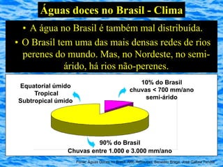 Águas doces no Brasil - Clima
  • A água no Brasil é também mal distribuída.
• O Brasil tem uma das mais densas redes de rios
  perenes do mundo. Mas, no Nordeste, no semi-
             árido, há rios não-perenes.
                                                      10% do Brasil
Equatorial úmido
                                                   chuvas < 700 mm/ano
     Tropical
                                                        semi-árido
Subtropical úmido




                        90% do Brasil
               Chuvas entre 1.000 e 3.000 mm/ano
                    Fonte: Águas Doces no Brasil, Aldo Rebouças, Benedito Braga, José Galizia Tundisi
 