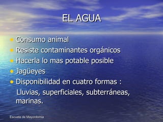 EL AGUA Consumo animal Resiste contaminantes orgánicos Hacerla lo mas potable posible Jagüeyes Disponibilidad en cuatro formas : Lluvias, superficiales, subterráneas, marinas. 