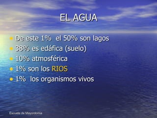 EL AGUA De este 1%  el 50% son lagos 38% es edáfica (suelo) 10% atmosférica 1% son los  RIOS 1%  los organismos vivos 