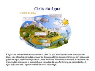Ciclo da água A água dos mares e rios evapora com o calor do sol, transformando-se em vapor de água. Nas altitudes elevadas o vapor de água condensa transformando-se em pequenas gotas de água, que se vão juntando umas às outras formando as nuvens. As nuvens são empurradas pelo vento e quando ficam pesadas dá-se o fenómeno da precipitação. A água volta aos rios, lagos e mares e o ciclo recomeça. 