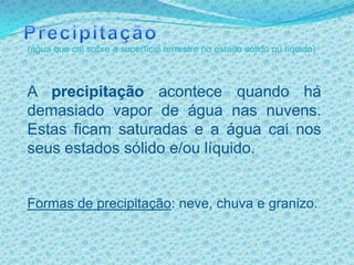 Precipitação(água que cai sobre a superfície terrestre no estado sólido ou líquido)A precipitação acontece quando há demasiado vapor de água nas nuvens. Estas ficam saturadas e a água cai nos seus estados sólido e/ou líquido.Formas de precipitação: neve, chuva e granizo.