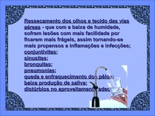 Ressecamento dos olhos e tecido das vias aéreas  - que com a baixa de humidade, sofrem lesões com mais facilidade por ficarem mais frágeis, assim tornando-se mais propensos a inflamações e infecções; conjuntivites ;  sinusites ;  bronquites ;  pneumonias ;  queda e enfraquecimento dos pêlos ;  baixa produção de saliva ;  distúrbios no aproveitamento adequado; 
