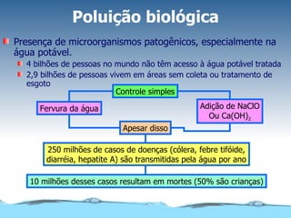 Poluição biológica Presença de microorganismos patogênicos, especialmente na água potável. 4 bilhões de pessoas no mundo não têm acesso à água potável tratada 2,9 bilhões de pessoas vivem em áreas sem coleta ou tratamento de esgoto Controle simples Apesar disso 250 milhões de casos de doenças (cólera, febre tifóide, diarréia, hepatite A) são transmitidas pela água por ano 10 milhões desses casos resultam em mortes (50% são crianças) Adição de NaClO Ou Ca(OH) 2 Fervura da água 