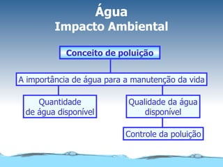 Água Impacto Ambiental Controle da poluição Qualidade da água disponível Quantidade de água disponível A importância de água para a manutenção da vida Conceito de poluição 