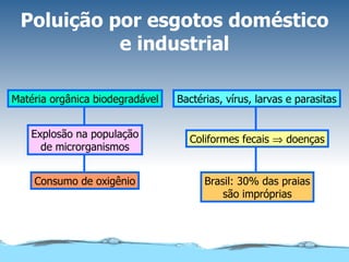 Poluição por esgotos doméstico e industrial Matéria orgânica biodegradável Explosão na população de microrganismos Consumo de oxigênio Bactérias, vírus, larvas e parasitas Coliformes fecais    doenças Brasil: 30% das praias são impróprias 
