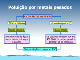 Poluição por metais pesados Cu, Zn, Pb, Cd, Hg, Ni e Sn Bioacumulação    danos ao SNC Mineração (garimpo) Pilhas e baterias Rios e mares Aterro sanitário Os oceanos recebem por ano 400.000 t de metais pesados 80.000 t só de mercúrio Contaminação de águas subterrâneas, córregos e riachos 