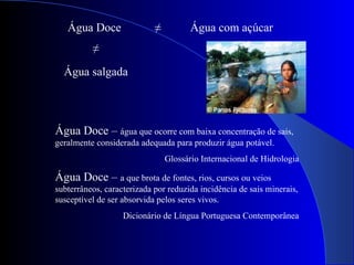 Água Doce ≠ ≠ Água com açúcar Água salgada Água Doce –  água que ocorre com baixa concentração de sais, geralmente considerada adequada para produzir água potável. Glossário Internacional de Hidrologia Água Doce –  a que brota de fontes, rios, cursos ou veios subterrâneos, caracterizada por reduzida incidência de sais minerais, susceptível de ser absorvida pelos seres vivos. Dicionário de Língua Portuguesa Contemporânea 