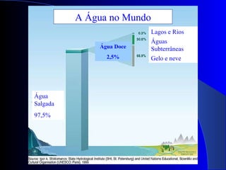A Água no Mundo Lagos e Rios Águas Subterrâneas Gelo e neve Água Salgada 97,5% Água Doce 2,5% 