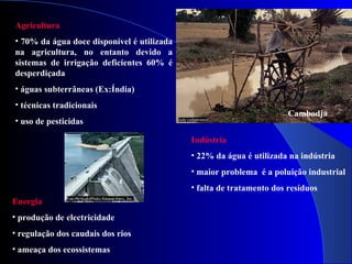 Agricultura 70% da água doce disponível é utilizada na agricultura, no entanto devido a sistemas de irrigação deficientes 60% é desperdiçada águas subterrâneas (Ex:Índia) técnicas tradicionais uso de pesticidas Cambodja Indústria 22% da água é utilizada na indústria maior problema  é a poluição industrial falta de tratamento dos resíduos Energia produção de electricidade regulação dos caudais dos rios ameaça dos ecossistemas 