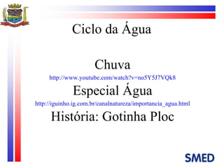 Ciclo da Água Chuva http://www.youtube.com/watch?v=no5Y5J7VQk8 Especial Água http://iguinho.ig.com.br/canalnatureza/importancia_agua.html História: Gotinha Ploc 