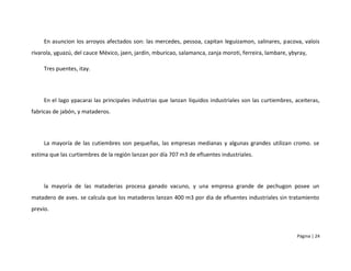 En asuncion los arroyos afectados son: las mercedes, pessoa, capitan leguizamon, salinares, pacova, valois
rivarola, yguazú, del cauce México, jaen, jardín, mburicao, salamanca, zanja moroti, ferreira, lambare, ybyray,

     Tres puentes, itay.




     En el lago ypacarai las principales industrias que lanzan líquidos industriales son las curtiembres, aceiteras,
fabricas de jabón, y mataderos.




     La mayoría de las cutiembres son pequeñas, las empresas medianas y algunas grandes utilizan cromo. se
estima que las curtiembres de la región lanzan por día 707 m3 de efluentes industriales.




     la mayoría de las mataderias procesa ganado vacuno, y una empresa grande de pechugon posee un
matadero de aves. se calcula que los mataderos lanzan 400 m3 por dia de efluentes industriales sin tratamiento
previo.



                                                                                                           Página | 24
 