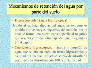 Mecanismos de retención del agua por
         parte del suelo
 • Higroscopicidad (agua higroscópica).
 Debido al carácter dipolar del agua, su extremo es
   atraído por las cargas negativas del coloide, por lo
   cual se forma una nueva capa superficial negativa
   que orienta y retiene otra capa de agua, llegando a
   3 o 4 capas.
 • Coeficiente higroscópico: máxima proporción de
   agua que retiene un suelo en forma higroscópica y
   es igual al H% que un suelo es capaz de adsorber a
   partir de una atmósfera con 100% de humedad.
 