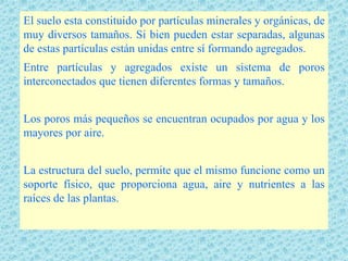 El suelo esta constituido por partículas minerales y orgánicas, de
muy diversos tamaños. Si bien pueden estar separadas, algunas
de estas partículas están unidas entre sí formando agregados.
Entre partículas y agregados existe un sistema de poros
interconectados que tienen diferentes formas y tamaños.


Los poros más pequeños se encuentran ocupados por agua y los
mayores por aire.


La estructura del suelo, permite que el mismo funcione como un
soporte físico, que proporciona agua, aire y nutrientes a las
raíces de las plantas.
 