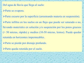 Del agua de lluvia que llega al suelo:

  Parte se evapora.

  Parte escurre por la superficie (arrastrando materia en suspensión).

  Parte infiltra en los suelos en un flujo que puede ser saturado o no,
llevando materiales en solución y/o suspención por los poros gruesos
(> 50 micras, rápido) y medios (10-50 micras, lentos). Puede quedar
retenida en horizontes impermeables.

  Parte se pierde por drenaje profundo.

  Parte queda retenida por el suelo.
 