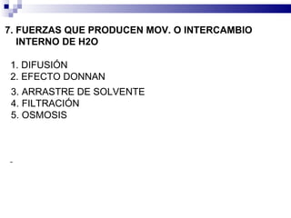 7. FUERZAS QUE PRODUCEN MOV. O INTERCAMBIO  INTERNO DE H2O 1. DIFUSIÓN  2. EFECTO DONNAN 3. ARRASTRE DE SOLVENTE  4. FILTRACIÓN 5. OSMOSIS 