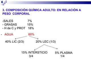 3. COMPOSICIÓN QUÍMICA ADULTO: EN RELACIÓN A  PESO  CORPORAL -SALES  7%  ‑  GRASAS  15%  ‑  H de C y PROT  18%  ‑  AGUA  60% 40% LIC (2/3)  20% LEC (1/3) 15% INTERSTICIO  3/4  1/4 5% PLASMA  