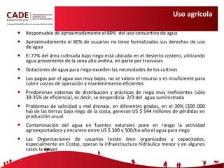 Uso agrícola Responsable de aproximadamente el 80%  del uso consuntivo de agua Aproximadamente el 80% de usuarios no tiene formalizados sus derechos de uso de agua El 77% del área cultivada bajo riego está ubicada en el desierto costero, utilizando agua proveniente de la zona alto andina, en parte por trasvases Dotaciones de agua para riego exceden las necesidades de los cultivos Los pagos por el agua son muy bajos, no se valora el recurso y es insuficiente para cubrir costos de operación y mantenimiento eficientes Predominan sistemas de distribución y prácticas de riego muy ineficientes (sólo 30-35% de eficiencia), es decir, se desperdicia  2/3 del  agua suministrada  Problemas de salinidad y mal drenaje, en diferentes grados, en el 30% (300 000 ha) de las tierras bajo riego de la costa, generan US $ 144 millones de pérdidas en producción anual  Contaminación del agua en fuentes naturales pone en riesgo la actividad agroexportadora y encarece entre US $ 300 y 500/ha-año el agua para riego Las Organizaciones de usuarios (están bien organizados y capacitados, especialmente en Costa), operan la infraestructura hidráulica menor y en algunos casos la mayor  