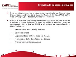 Creación de Consejos de Cuenca Crear  por decreto supremo  e implementar los Consejos de Cuenca, como  órganos desconcentrados de la Autoridad Nacional del Agua (ANA), definir roles, estrategias, plan de acción, metas y financiamiento  Precisar el marco de referencia para la interacción de los Sectores Público y Privado en la gestión multisectorial de recursos hídricos a nivel de cuenca, en concordancia con la Ley de RRHH y el proceso de regionalización y descentralización: Administración de la Oferta y Demanda Gestión de calidad Mejoramiento de la Eficiencia de uso del Agua Formalización de los derechos de uso de Agua Financiamiento en infraestructura  