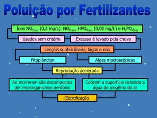 Íons NO3(aq) (0,3 mg/L), NO1- , HPO2- (0,02 mg/L) e H2PO4(aq)
         1-
                              2(aq)  4(aq)
                                                           1-



     Usados sem critério         Excesso é levado pela chuva

                Lençóis subterrâneos, lagos e rios

         Fitoplâncton                      Algas macroscópicas

                        Reprodução acelerada

Ao morrerem são decompostos           Cobrem a superfície isolando a
 por microrganismos aeróbios             água do oxigênio do ar

                            Eutrofização
 