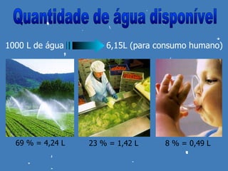 1000 L de água        6,15L (para consumo humano)




  69 % = 4,24 L   23 % = 1,42 L    8 % = 0,49 L
 