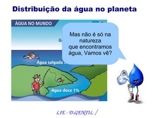 Distribuição da água no planeta


              Mas não é só na
                  natureza
              que encontramos
              água, Vamos vê?




          LIE ­ D.GENTIL /
 