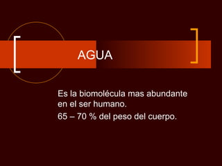 AGUA


Es la biomolécula mas abundante
en el ser humano.
65 – 70 % del peso del cuerpo.
 