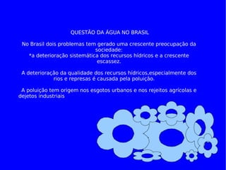 QUESTÃO DA ÁGUA NO BRASIL No Brasil dois problemas tem gerado uma crescente preocupação da sociedade: *a deterioração sistemática dos recursos hídricos e a crescente escassez. A deterioração da qualidade dos recursos hídricos,especialmente dos rios e represas é causada pela poluição.  A poluição tem origem nos esgotos urbanos e nos rejeitos agrícolas e dejetos industriais  