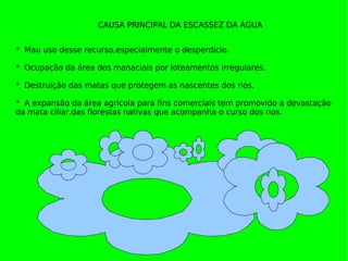 CAUSA PRINCIPAL DA ESCASSEZ DA ÁGUA *  Mau uso desse recurso,especialmente o desperdício. *  Ocupação da área dos manaciais por loteamentos irregulares. *  Destruição das matas que protegem as nascentes dos rios. *  A expansão da área agrícola para fins comerciais tem promovido a devastação da mata ciliar,das florestas nativas que acompanha o curso dos rios. 